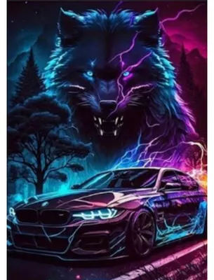 Productafbeelding van Diamantmozaïek, neonauto met wolf, 30x40 cm, creatieve diamanten