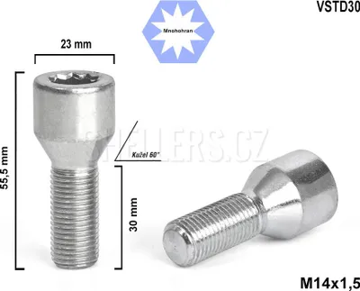 Obrázek produktu pro Kolový šroub M14x1,5x30 kužel s vnitřním mnohohranem, VSTD30, průměr 23mm, výška 55,5 mm