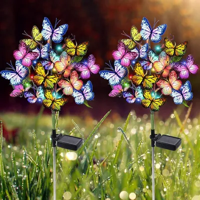 Produktbild von 2er-Set Solar Gartenleuchte Wasserdicht - 44 LED Schmetterling & Blumen Gartendeko für Garten, Terrasse & Rasen