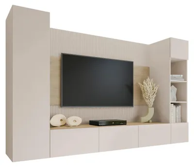 Produktbild von MIRJAN24 Wohnwand Deromi IV, Wohnzimmer Möbel Set, Griffloses Öffnungssystem push to open, 4er-Set (Farbe: Sandbeige / Sandbeige + Eiche Cremona)