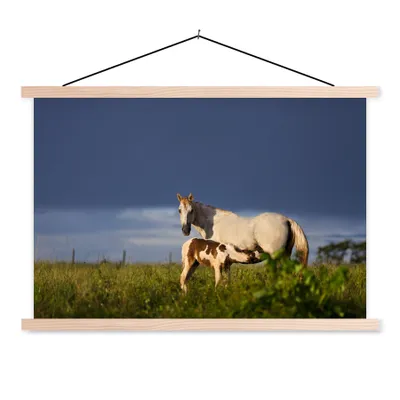 Produktbild von MuchoWow® Textilposter Pferde - Gras - Fohlen 120x80 cm mit holzfarbenen Rahmen - Aufhängeset