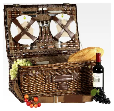 Produktbild von Picknickkorb Palais Royal aus honigfarbener Weide - Komplett für 4 Personen - Herausnehmbare Isoliertasche - Keramikteller und Weingläser - Brauner Stoff - 56 x 37 x 26 cm