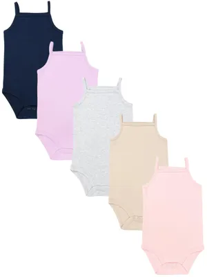 Produktbild von TupTam Body Baby Mädchen 5er Set – Sommer Body Baby mit Spaghettiträgern aus 100% Baumwolle, Farbe: Blau_Beige_Grau_Pink_Lila, Größe: 80