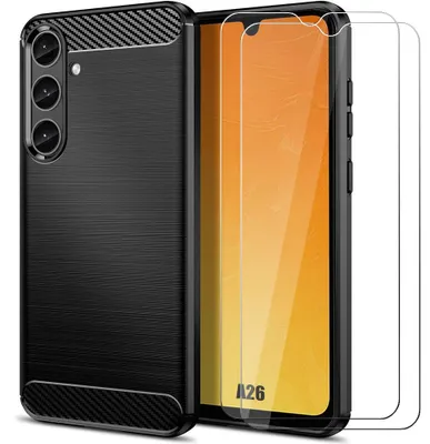 Image de Coque + 2 Verres Trempés pour Samsung Galaxy A26 5G, Protection Effet Carbone Élégante Anti-Rayures Antichoc Noir