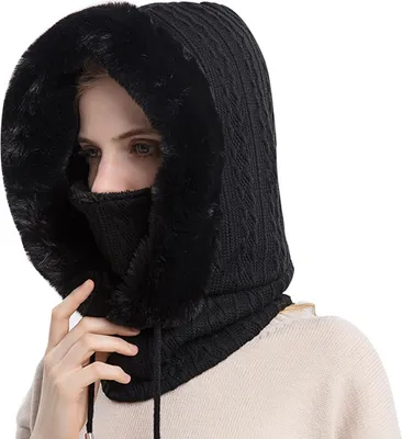 Produktbild von Damen Wintermütze Schal Kapuze Pelz Strickhalswärmer Plüschmützen