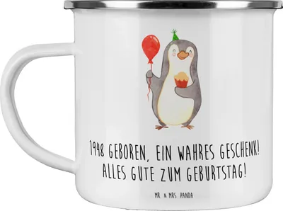 Produktbild von Mr. & Mrs. Panda Teetasse 1948 Geburtstag - Weiß - Geschenk, becher emaille, 75 Jahre, Teebecher, Tasse, Pott, Alter, Glückwünsche, geboren, Happy Birthday, Jahrgang, 75.