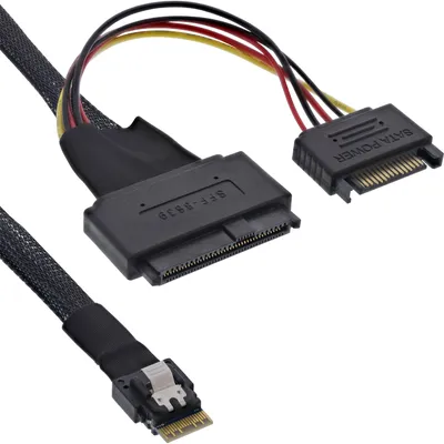 Produktbild von InLine Slim SAS Kabel, SFF-8654 zu U.2 SFF-8639 + SATA Strom, 24Gb/s, 0,5m, 0,5 m, SFF-8654 male, SFF-8639 + SATA, 24 Gbit/s, Schwarz, 44 g