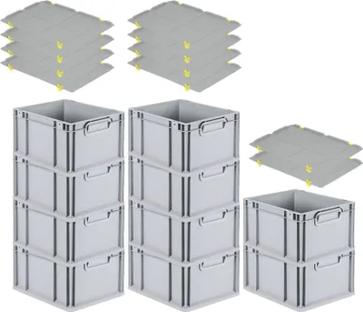 Produktbild von SparSet 10x Eurobox NextGen Grip mit Auflagedeckel inkl. 4 gelben Schiebeschnappverschlüssen | HxBxT 22x30x40cm | 20 Liter | Grau | Griffe geschlossen | Glatter Boden | Eurobehälter, Transportbox, Transportbehälter, Stapelbehälter