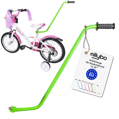 Produktbild von MILLYBO Fahrrad Schubstange für Kinderfahrrad 12–20 Zoll, Fahrrad Lernhilfe, Elternstange, Schiebehilfe Fahrrad, Kinder Fahrradstange, Grün