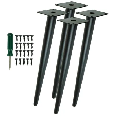 Four black metal table legs and a set of screws with a screwdriver on a white background.