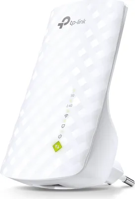 A white TP-Link Wi-Fi range extender is shown plugged into an outlet.