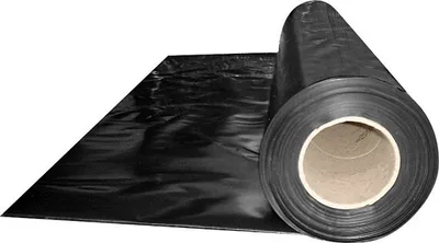 A roll of black plastic sheeting is shown, with a portion unrolled onto a white surface.
