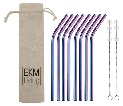 Zdjęcie produktu dla Zestaw słomek ze stali nierdzewnej EKM Living 8 zakrzywionych Rainbow GmbH, słomki do picia, odporne na złamanie, wielokrotnego użytku, można myć w zmywarce, nie zawierają plastiku (zakrzywione Rainbow, 8)