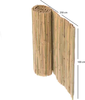 A rolled-up bamboo mat is shown against a white background, with dimensions indicated by text overlays.