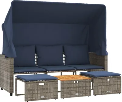 Image de vidaXL Canapé de jardin 3 places avec baldaquin et tabourets Gris Poly rotin