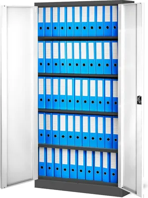 An open metal filing cabinet filled with blue binders.