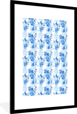 Produktbild von MuchoWow® MuchoWow® Gerahmtes Poster Blumen - Vögel - Blau 60x90 cm - Poster mit zchwarzem Bilderrahmen - Dekoration - Wandposter Wohnzimmer - Hochwertig