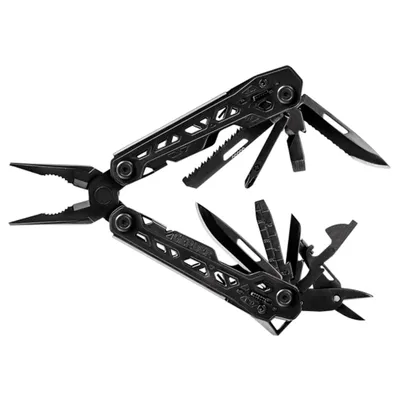A black multi-tool is displayed against a white background.