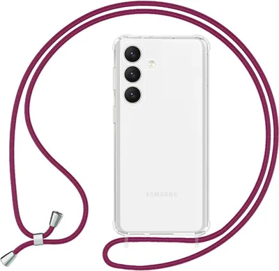 Produktbild von NALIA Klare Schutzhülle mit Kette für Samsung Galaxy S24 Hülle, Transparente Stabile Handyhülle mit Band zum Umhängen Rot