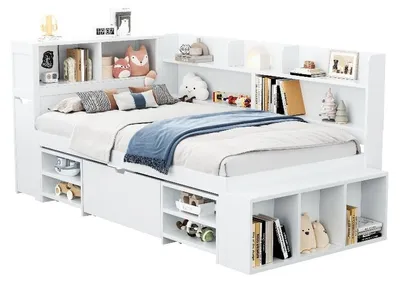 Obrázek produktu pro Dětská postel 90x200 cm, bílá, vyrobená z překližky, multifunkční dětská postel se zásuvkami, regálem na knihy a úložným prostorem