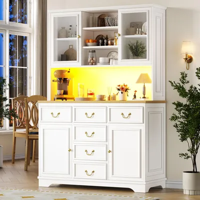 Image de Armoire de cuisine Flieks avec ports USB et prises électriques, buffet avec bandeau lumineux LED et portes pour étagères à snacks, armoire de rangement 118 × 39,5 × 180 cm, blanc