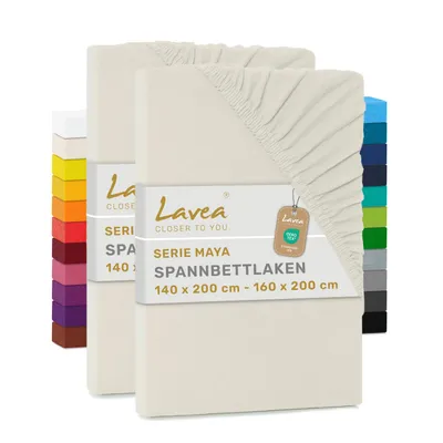 Produktbild von Lavea® 2er Pack Jersey Spannbettlaken 140/160x200 cm, 100% Baumwolle – Weiches Bettlaken für Matratzen bis 20 cm Höhe – Creme Naturweiß