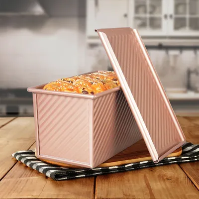 Produktbild von Brot Toast Form Laibform Brotbackform mit Deckel Wavy Pullman Laibform Brotbackform mit Deckel Gebäck Brotbackform Aluminium Legierung Antihaft Gold 450 g Teig