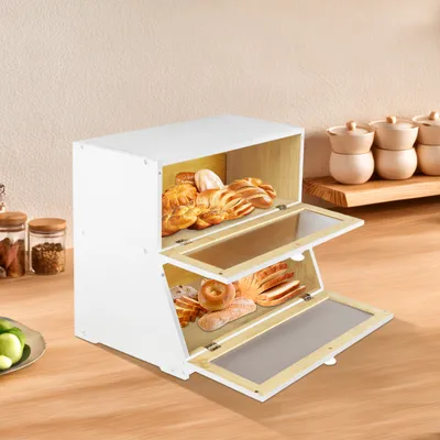 Produktbild von Brotkasten Bambus 2. Stock mit Fenster für Brot Brötchen Kuchen 40 x 33 x 20 cm Weiß