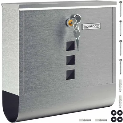 Zdjęcie produktu dla MONZANA® Skrzynka na listy zamek krzyżowy z miedzianą wkładką bębenkową obrotowa pokrywa 31x10x34 cm okienko podglądu tabliczka znamionowa schowek na gazety łatwy montaż stal nierdzewna 2 klucze skrzynka pocztowa srebrna