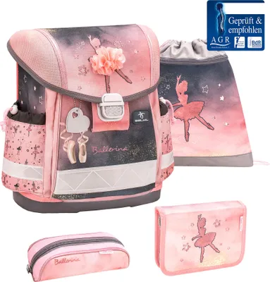 A collage of a 4-piece school set with a ballerina theme, including a backpack, a drawstring bag, a pencil case, and a small pouch.