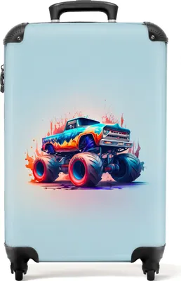 Obrázek produktu pro NoBoringSuitcases.com® Kufr Příruční zavazadlo na kolečkách Kufr na kolečkách Malý kufr na 4 kolečkách - Monstertruck - Flames - Blue - Colour - Design - Cabin Size < 55x40x23 cm & 55x40x20 cm - Foto kufr - Cabin suitcase - Board luggagePříruční zavazadlo Kufr 55x35x20 cm, 36L,