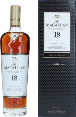 A bottle of Macallan 18 Years Old Sherry Oak Cask whisky and its gift box are displayed side-by-side against a white background.