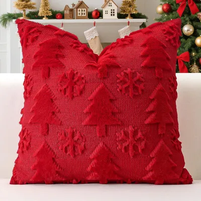 Produktbild von Kissenbezug Weihnachtsbaum Schneeflocke Rot 60x60cm Wollsamt 1 Stück