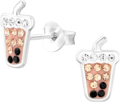 Produktbild von Kinder Ohrringe Ohrstecker 925 Sterling Silber Bubble Tea Becher mit Kristallen