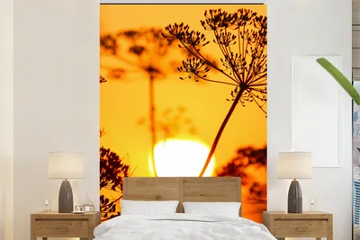 Produktbild von MuchoWow® Fototapete für Wohnzimmer oder Schlafzimmer Wandtapete Vinyl Motivtapete Pflanzen - Blumen - Sonnenuntergang - Orange - 170x260 cm - Wohnzimmertapete
