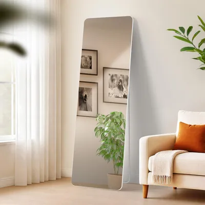 A full-length mirror is leaning against a wall in a room, next to a sofa and a plant.