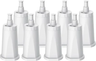 A group of white water filters arranged on a white background.