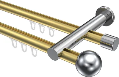 Produktbild von Interdeco Innenlaufstange / Gardinenstange mit Innenlauf Messing-Optik / Chrom, Typ Platon Luino (Kugel), 20 mm Ø 2-läufig, 320 cm