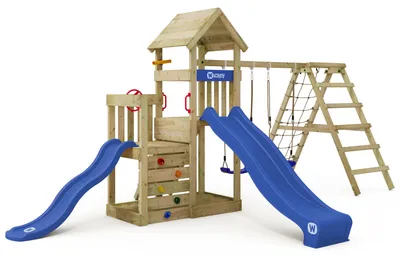 Produktbild von Spielturm Wickey SkyFlyer mit 2 Rutschen und Kletteranbau, aus Holz, blau
