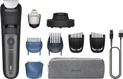 A collection of grooming tools and accessories laid out on a white background.