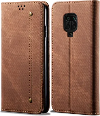 A brown leather flip case for a smartphone, shown from the front and side.