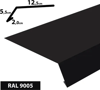 A diagram showing the dimensions of a black metal roof flashing, with the RAL color code also displayed.