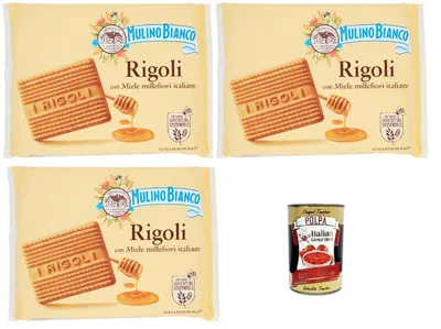 Produktbild von Mulino Bianco Rigoli Biscotti con Miele Millefiori Italiano, Kekse mit italienischem Millefiori-Honig, biscuits cookies, 3x 800 g + Italian Gourmet polpa 400g