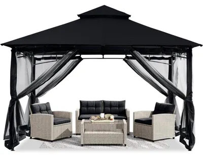 Productafbeelding van Tuinpaviljoen van 2,5 x 2,5 meter met net voor schaduw en bescherming tegen regen, kleur zwart