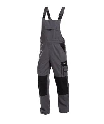 A pair of gray and black work overalls is shown against a white background.