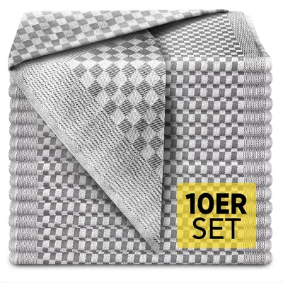 Productafbeelding van Katoenen theedoeken 70x50 cm grijs/wit geruit - 10-delige handdoekenset voor de keuken
