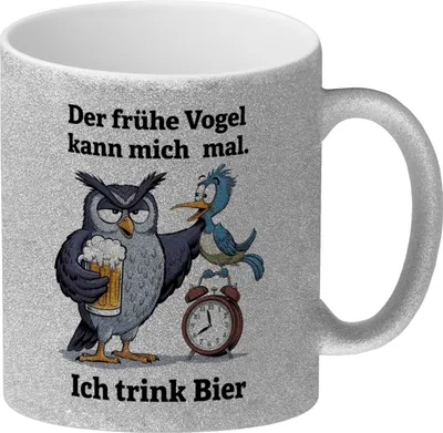Produktbild von Graue Eule mit Bierkrug - Der frühe Vogel kann mich mal Glitzer-Kaffeebecher