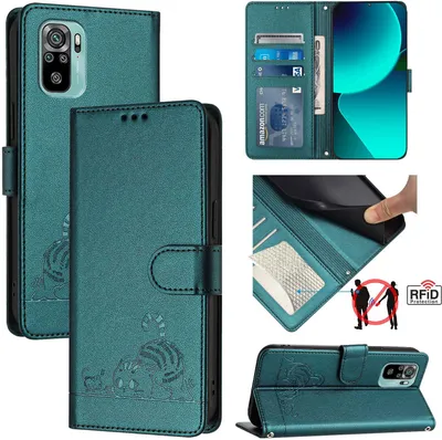Produktbild von Leder Hülle für Xiaomi Redmi Note 10s /Note 10 4G/Poco M5s Süße Katze Flip Case Brieftasche Schutzhülle mit Standfunktion Grün