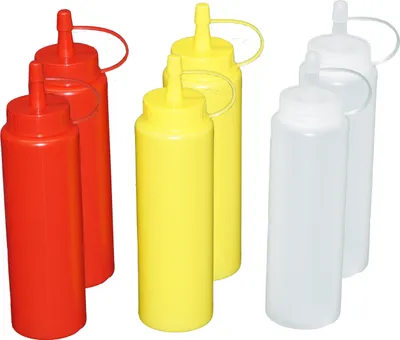 Produktbild von Je 2 Stück rot, gelb, transparente Quetschflaschen 0,26 Liter Dosierflasche Spenderflasche Dressingflasche