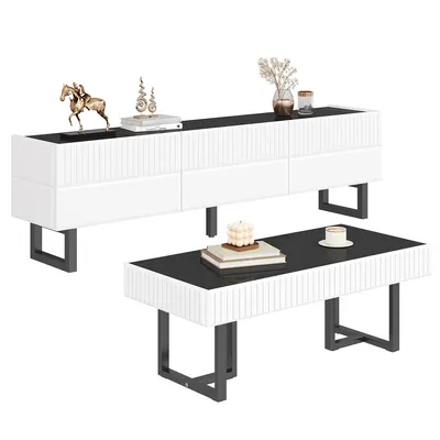 Produktbild von Couchtisch und TV Möbelkombination Set Aufbewahrungsmöbelset in Schwarz-Weiß-Streifen Wohnzimmermöbel 170L×35B×47H+110L×50,5B×41H